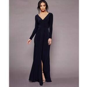 Vera Wang Navy Blue Long Sleeve V Neck Ruched Evening Gown Long Dress (4)‎